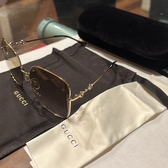 Gucci GG008792 002 Gold Square Frame Brown Lens Sunglasses for Women  BNIB - Picture 14 of 14